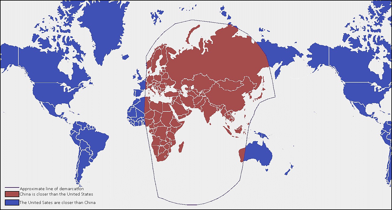 Świat podzielony między Stany Zjednoczone i Chiny ze względu na odległość między nimi