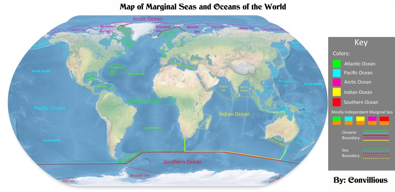 Mapa głównych mórz marginalnych świata oznaczona kolorami odpowiadającymi im oceanom