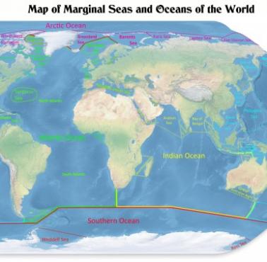 Mapa głównych mórz marginalnych świata oznaczona kolorami odpowiadającymi im oceanom