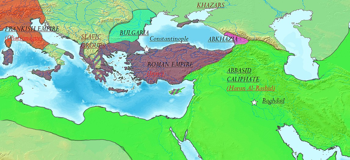 Mapa Wschodniego Cesarstwa Rzymskiego i jego okolic około 800 roku n.e.
