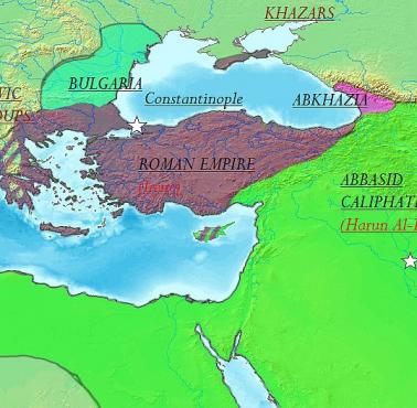 Mapa Wschodniego Cesarstwa Rzymskiego i jego okolic około 800 roku n.e.