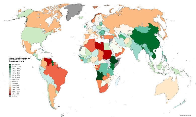 PKB per capita kraju/regionu w 2020 roku w porównaniu do 2010 roku