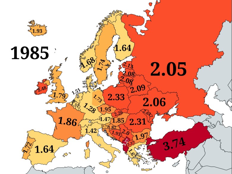 Wskaźnik dzietności w Europie tuż przed upadkiem komunizmu (1985), przy współczesnych granicach