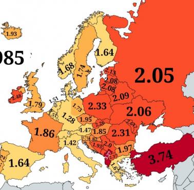 Wskaźnik dzietności w Europie tuż przed upadkiem komunizmu (1985), przy współczesnych granicach