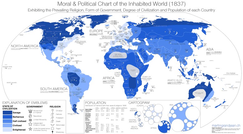 Mapa cywilizacji, oparta na pracach amerykańskiego geografa Williama Channinga Woodbridge'a z 1837 roku