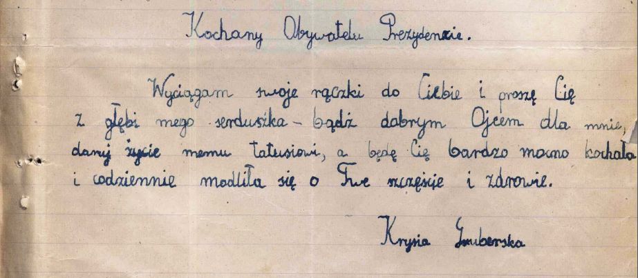 Prośba siedmioletniej Krysi Gruberskiej z 9 XII 1946 r. do Bolesława Bieruta o ułaskawienie jej ojca – oficera AK