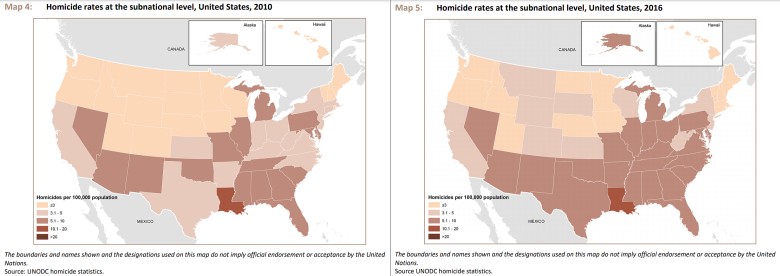 Wskaźnik zabójstw na szczeblu niższym niż krajowy, USA, 2010-2016