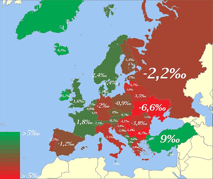 Mapa naturalnego wzrostu populacji Europy (bez uwzględniania imigracji), 2019, wikipedia