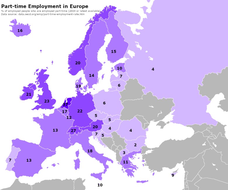 Pracownicy zatrudnieni w niepełnym wymiarze godzin jako odsetek wszystkich pracowników w Europie, 2019