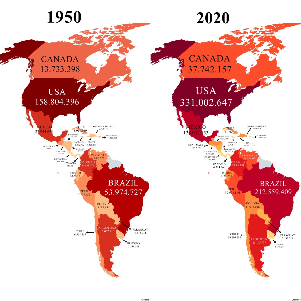 Populacja obu Ameryk w 1950 i 2020 roku