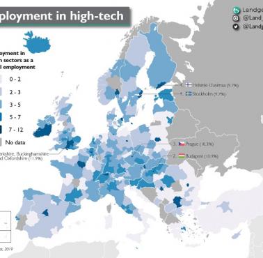 Procent zatrudnionych w sektorze hi-tech w Europie z podziałem na regiony, 2019