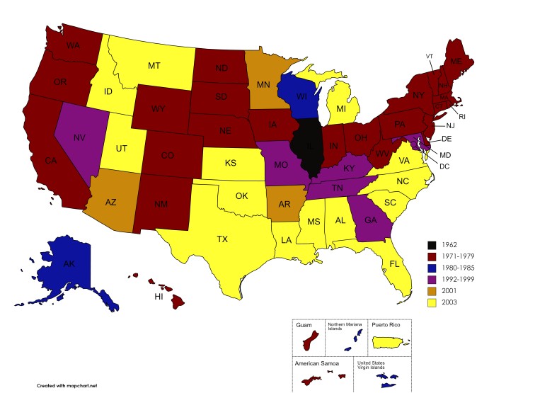 Depenalizacja (dekryminalizacja) aktów homoseksualnych w poszczególnych stanach USA w latach 1962-2003