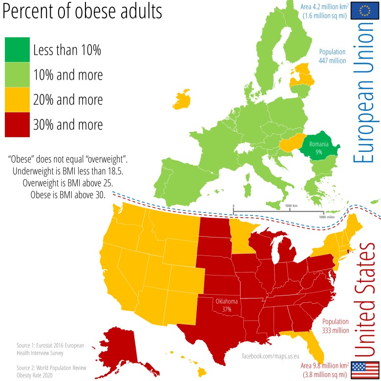 Procent ludzi otyłych (nie chodzi o nadwagę) wśród dorosłych w UE i USA, 2016, 2020