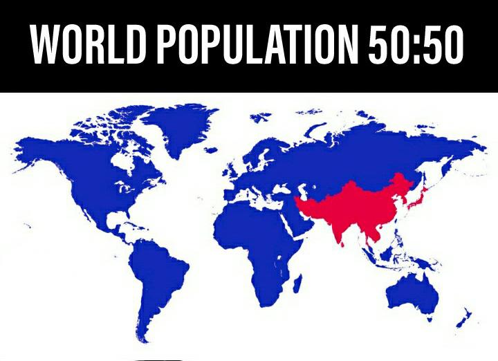 Demograficzna mapa świata. Światowa populacja podzielona na dwie równe połowy (50:50)