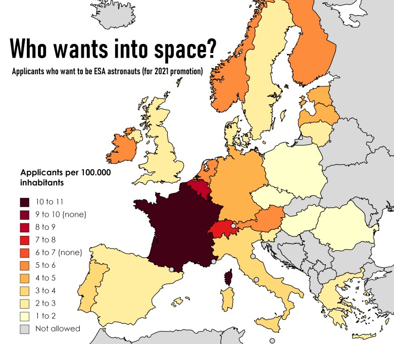 Liczba chętnych na 100 tys. mieszkańców do podróży w kosmos, Europa, 2021