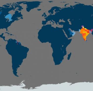 Największe diaspory Hindusów na świecie. Odsetek ludności z podziałem na regiony/stany, 2021