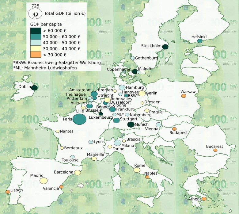 Geopolityka: 50 największych metropolii wg PKB (nominalnie) w EU. Obszar rdzeniowy Unii (dorzecze Renu), reszta to peryferia