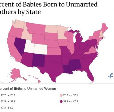 Procent dzieci urodzonych w USA przez niezamężne matki według stanu w 2019 roku
