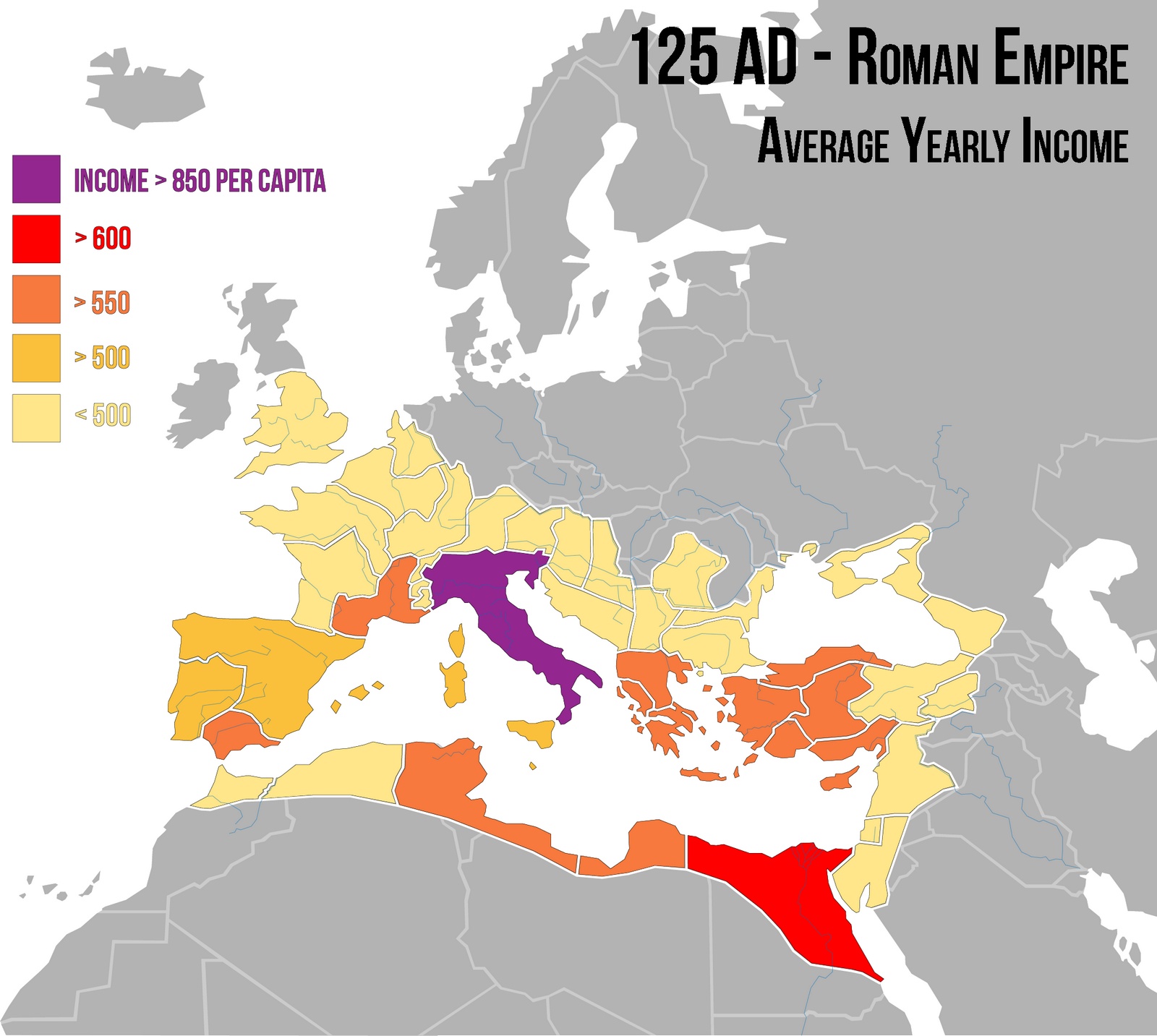PKB na mieszkańca Imperium Rzymskiego z podziałem na prowincje w 125 roku n.e.