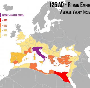 PKB na mieszkańca Imperium Rzymskiego z podziałem na prowincje w 125 roku n.e.