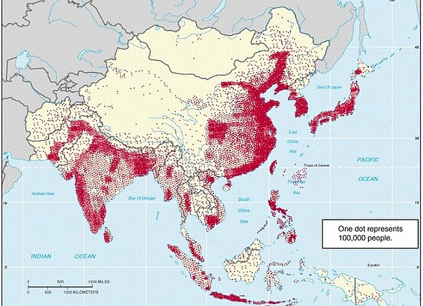 Gęstości zaludnienia Azji Południowej, Południowo-Wschodniej i Wschodniej