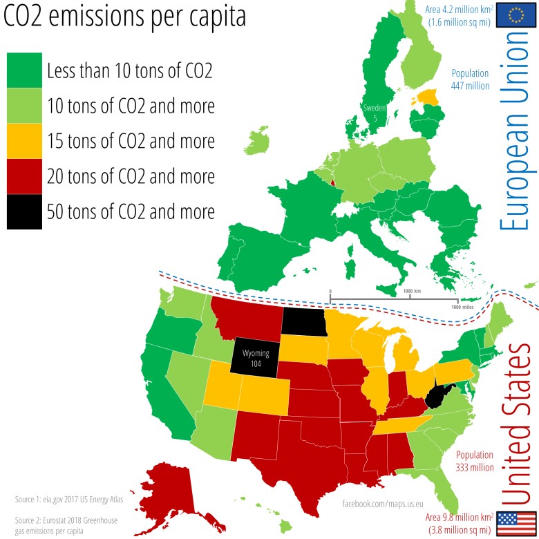 Emisja CO2 na mieszkańca w UE i USA, 2017