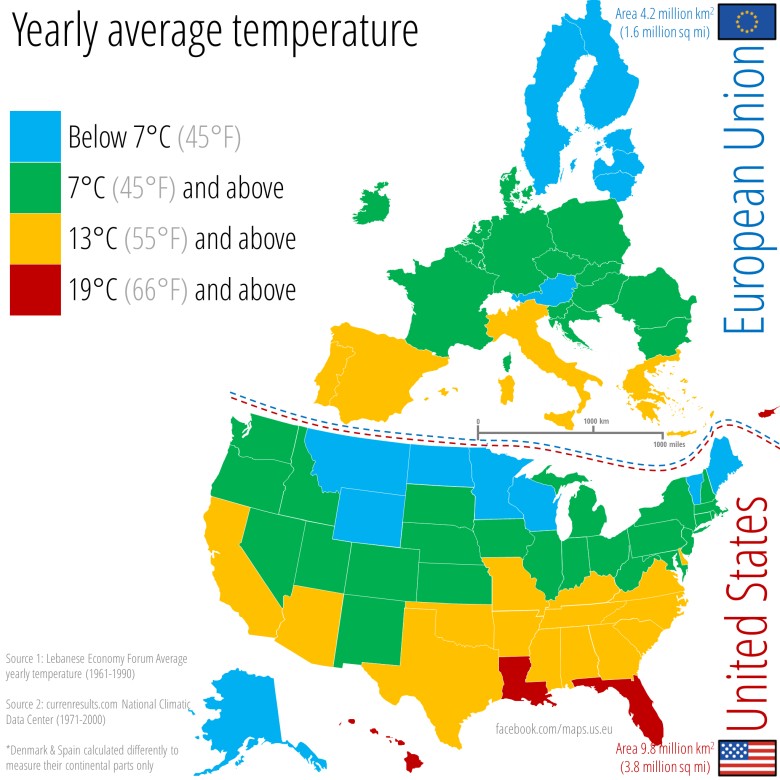 Średnia roczna temperatura w Stanach Zjednoczonych oraz państwach i krajach UE