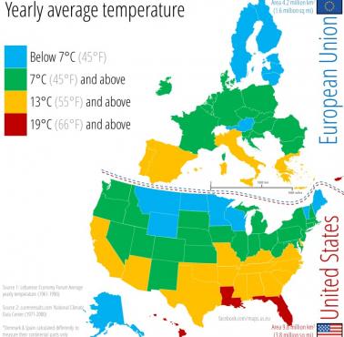 Średnia roczna temperatura w Stanach Zjednoczonych oraz państwach i krajach UE