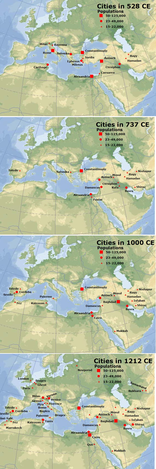 Główne miasta basenu Morza Śródziemnego w latach 528 rok n.e., 737 r. n.e., 1000 r. n.e., 1212 r. n.e.