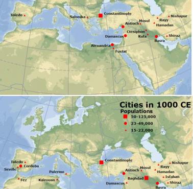 Główne miasta basenu Morza Śródziemnego w latach 528 rok n.e., 737 r. n.e., 1000 r. n.e., 1212 r. n.e.