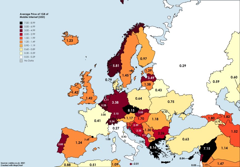 Cena mobilnego internetu w Europie, 2021