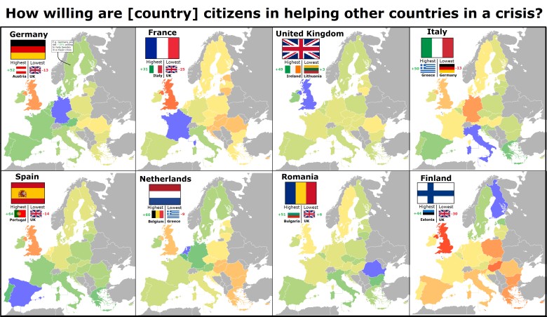 Europa: Jak bardzo mieszkańcy danego kraju chcą pomóc innemu w kryzysie?