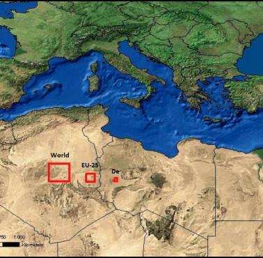 Czerwone kwadraty oznaczają powierzchnię, która wystarczyłaby elektrowniom słonecznym do wytworzenia ilości energii ...