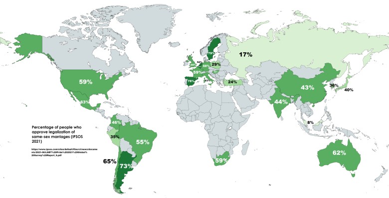 Odsetek osób na świecie za legalizacją małżeństw osób tej samej płci (ideologia LGBT) w 2021 r. (ankieta IPSOS)