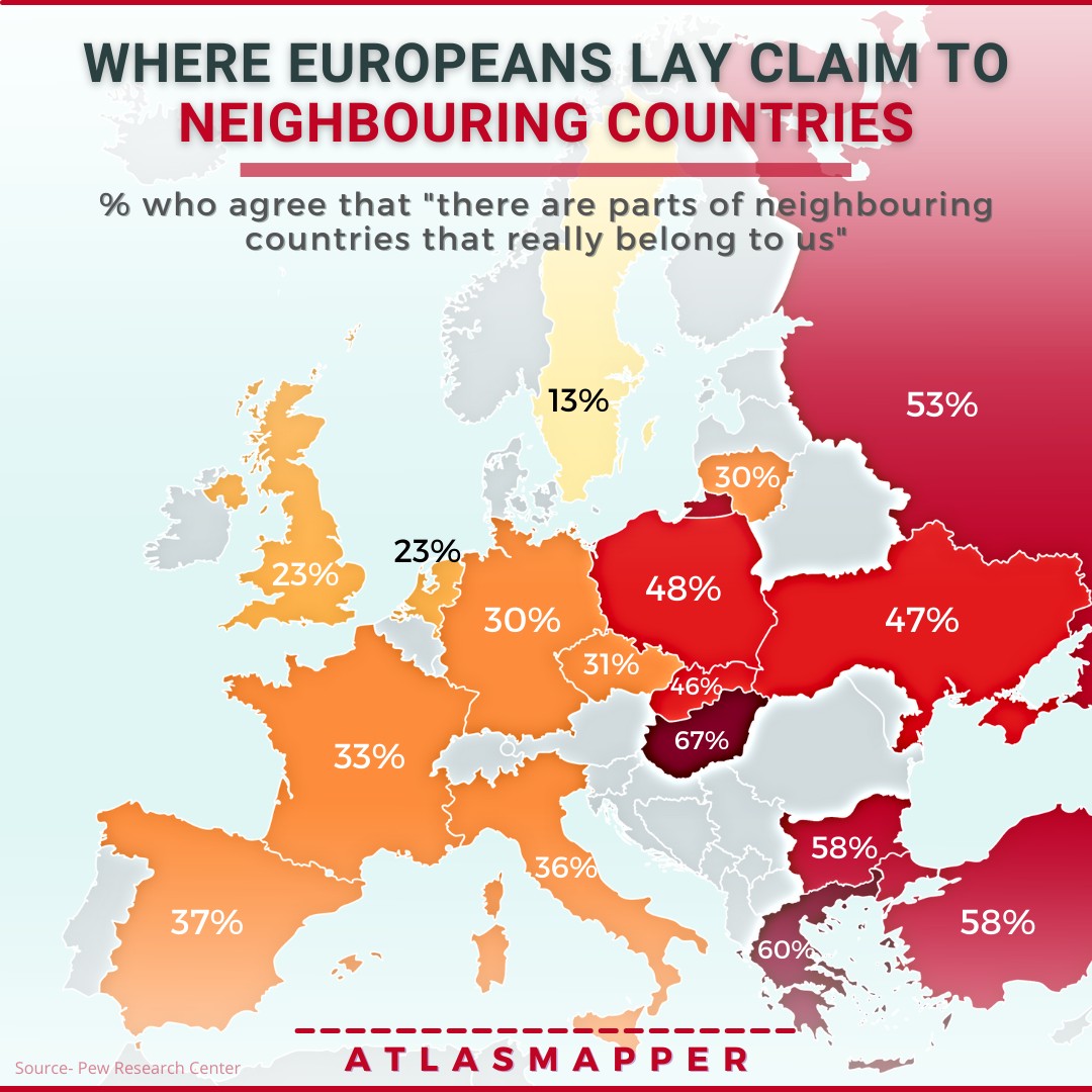 Procent osób w poszczególnych europejskich państwach, która rości pretensje terytorialne do sąsiednich krajów