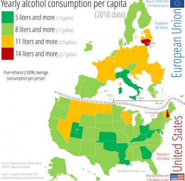 Roczne spożycie alkoholu na osobę w USA i UE. Obliczanie w litrach czystego 100% spirytusu etanolowego na mieszkańca, 2018