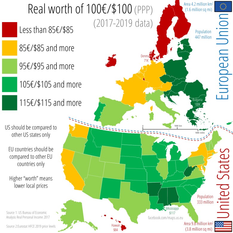 Siła nabywcza 100 euro w krajach UE i 100 dolarów w USA. Ceny podstawowych towarów, mieszkania, wynajmu itp., 2017-2019