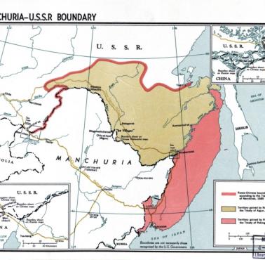 Granica rosyjsko-chińska ustalona traktatem w Nerczyńsku. Zaznaczono anektowane przez Rosję, 1689, 1858, 1860