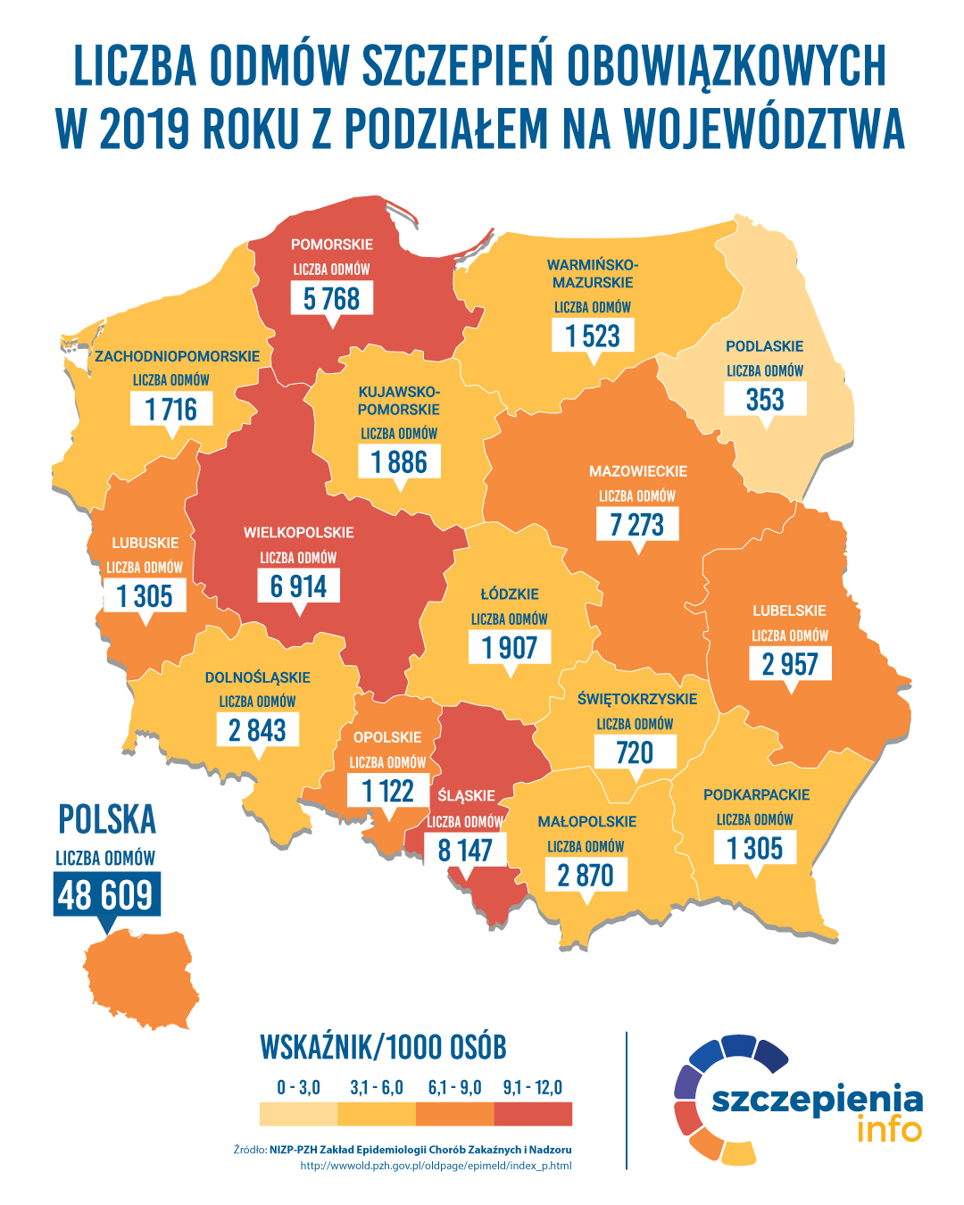 Liczba odmów szczepień obowiązkowych w 2019 roku w Polsce z podziałem na województwa