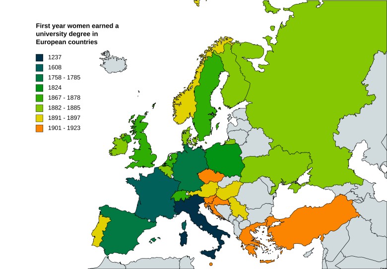 W którym roku kobieta zdobyła dyplom uniwersytecki w poszczególnych krajach europejskich