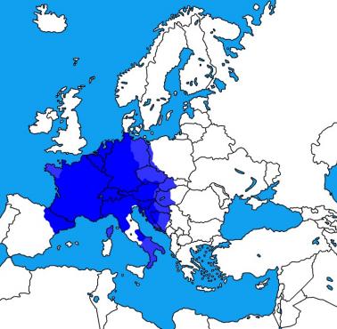 Państwo Franków (771–814) z naniesionymi współczesnymi granicami