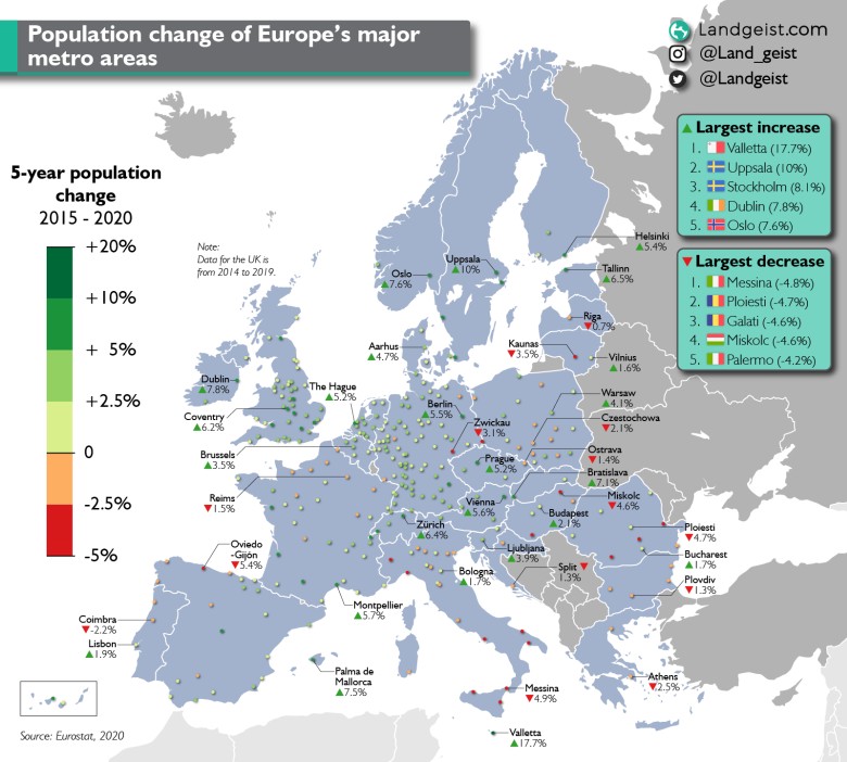 Zmiany demograficzne Europy w obszarach metropolitalnych. Kto w Europie zyskuje, a kto jest zapleczem siły roboczej, 2015-2020
