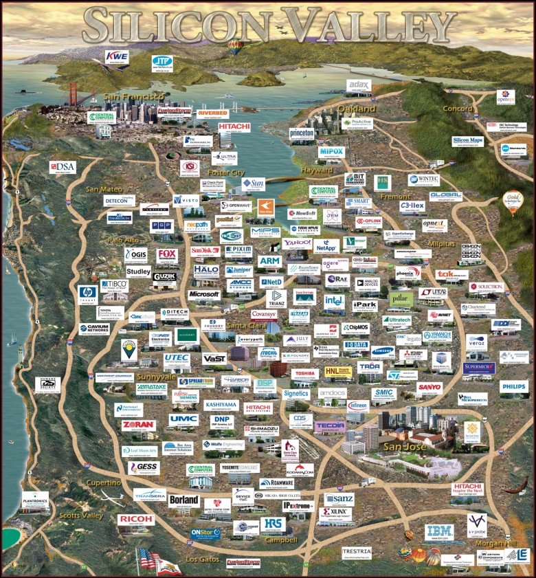 Mapa Silicon Valley z centralami firm technologicznych