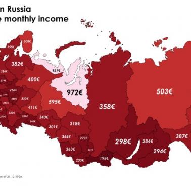 Średnie zarobki Rosjan z podziałem na gubernie, 2020