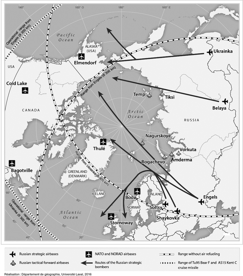 Geopolityka: Lokalizacja rosyjskich strategicznych baz lotniczych i trasy patroli bombowych, 2016
