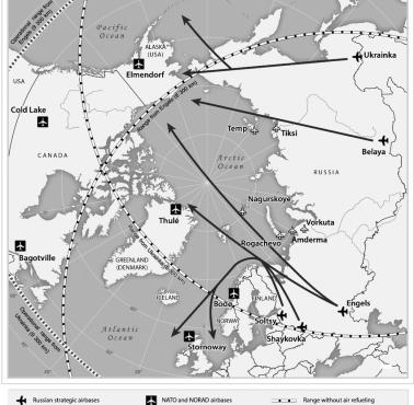 Geopolityka: Lokalizacja rosyjskich strategicznych baz lotniczych i trasy patroli bombowych, 2016