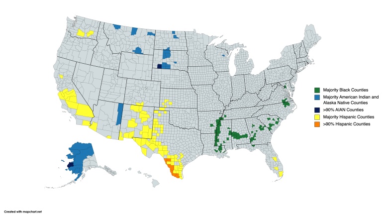 Hrabstwa USA z większością hiszpańską, AINA i czarną, w których mniejszości rasowe i etniczne stanowią większość populacji, 2020