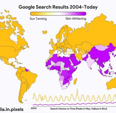 Wyszukiwanie słów związanych z opalaniem i wybielaniem skóry, zmiany preferencji w latach 2004-2020