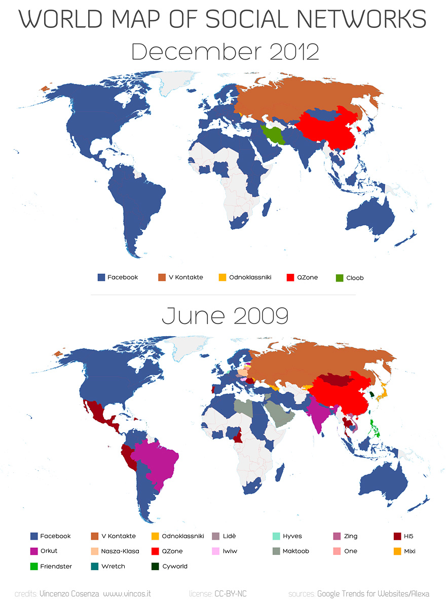 Światowa mapa sieci społecznościowych w 2009 i 2012 roku