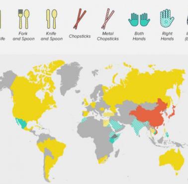 Mapa najpopularniejszych przyborów do jedzenia według kraju